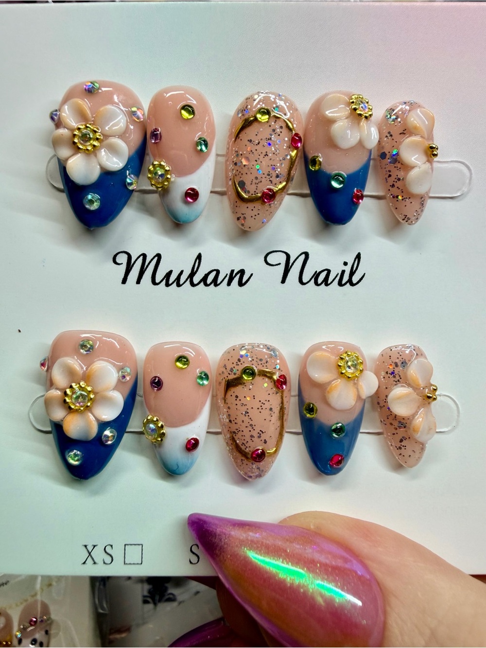 Floral Accent Press-On Nails – Nude, Blue & Pink size Large